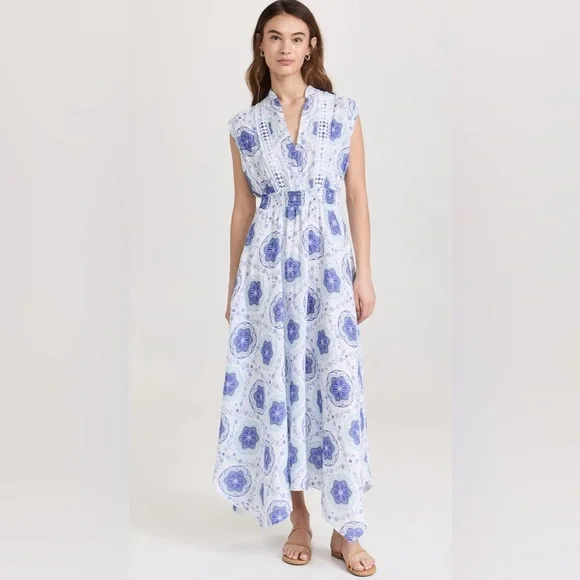 Temptation Positano Ieranto Dress Ceramica Blue Linen Size Medium - Picture 2 of 13